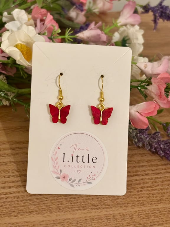 Red Butterfly Dangle Earrings, Acrylic Butterfly Charms, Handmade Jewellery 