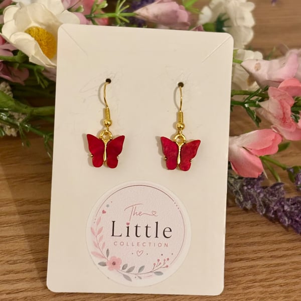 Red Butterfly Dangle Earrings, Acrylic Butterfly Charms, Handmade Jewellery 