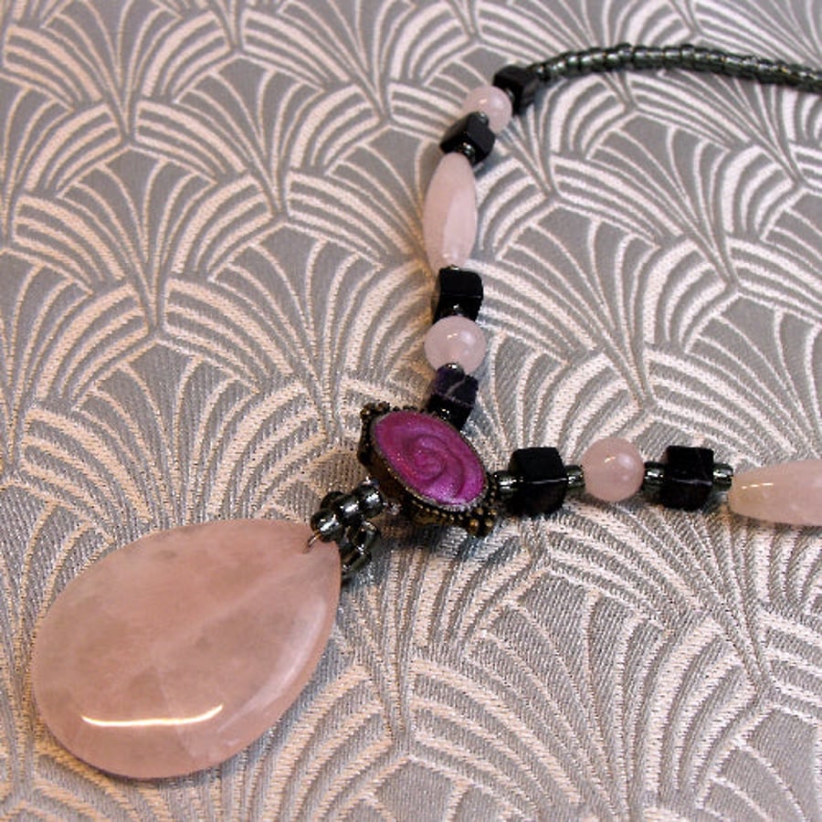 Rose Quartz Necklace, Pink Handmade Semi-precious Stone Necklace spsA8