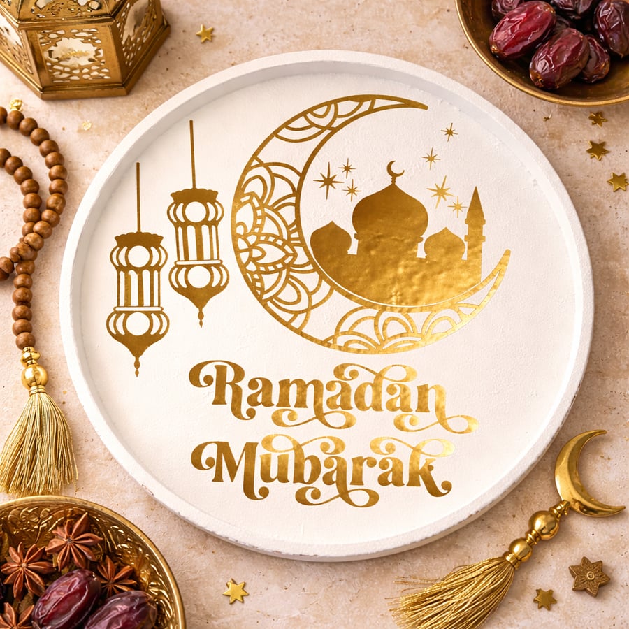 Ramadan Mubarak Hand Painted Wooden Tray, Islamic Home Décor, Gold Detail