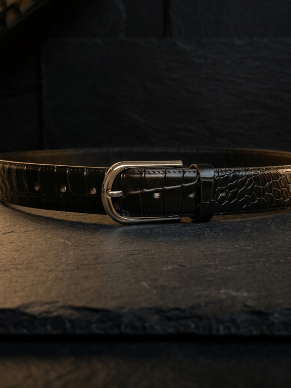 Black Full Grain Crocodile Pattern Leather Belt Arched Silver Buckle 35mm