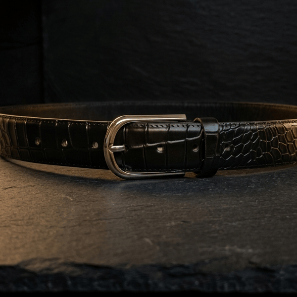 Black Full Grain Crocodile Pattern Leather Belt Arched Silver Buckle 35mm