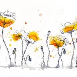 Yellow Poppies watercolour A4 print, flower painting, ink drawing