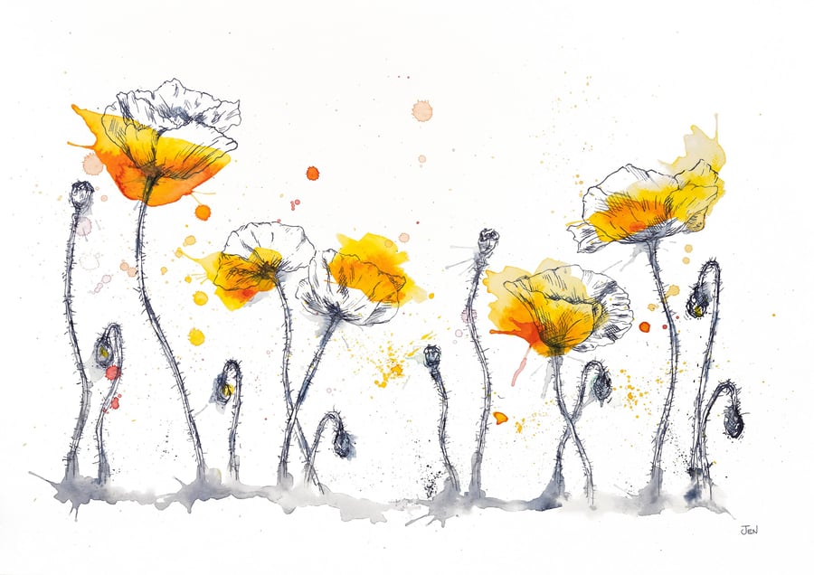 Yellow Poppies watercolour A4 print, flower painting, ink drawing