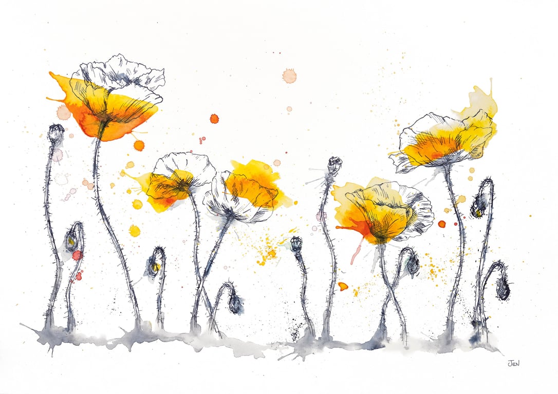 Yellow Poppies watercolour A4 print, flower painting, ink drawing