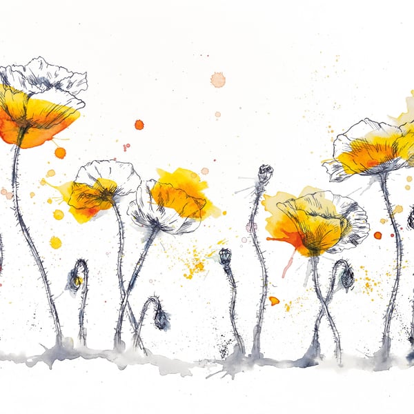 Yellow Poppies watercolour A4 print, flower painting, ink drawing