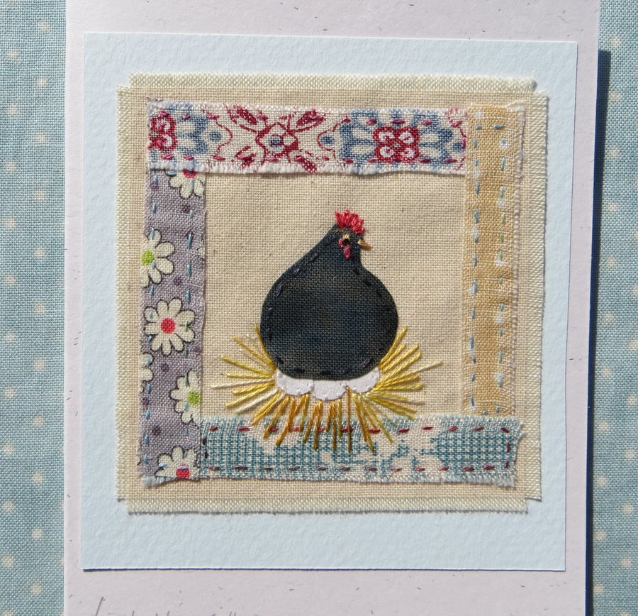 Little Hen sitting hand-stitched card pretty fabrics and hand-dyed cottons