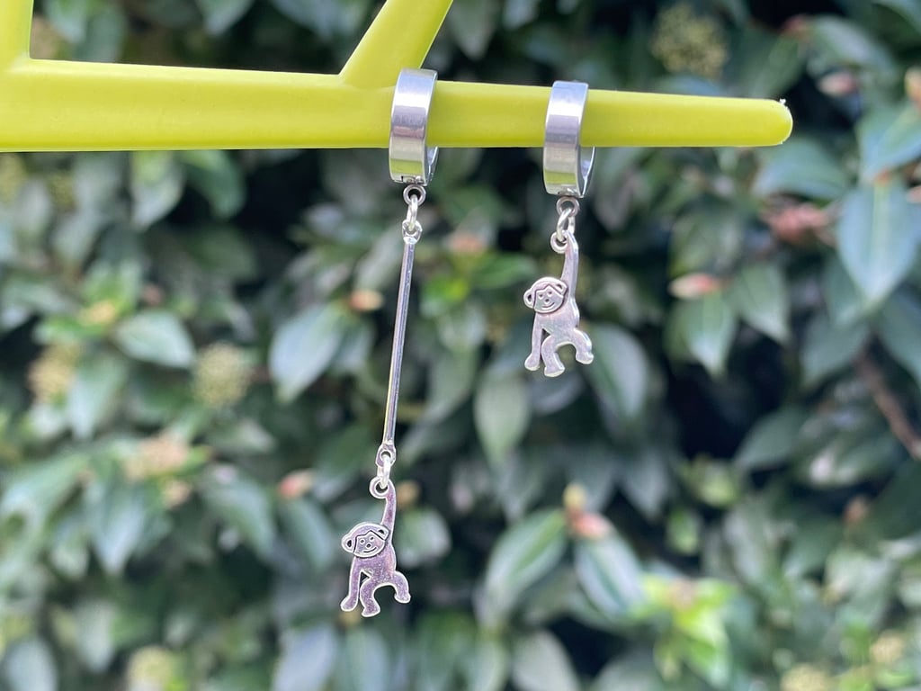 HANGING MONKEY HUGGIE HOOPS mismatched earrings Silver plate cute