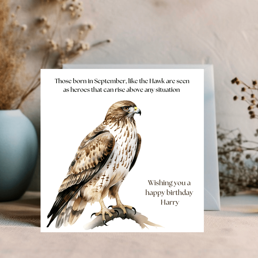  Hawk Watercolour printed greetings card for a September Birthday