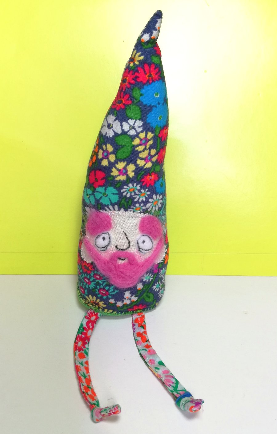 Mini Meadow Gnome, Pippin in Upcycled Florals with Pink Beard