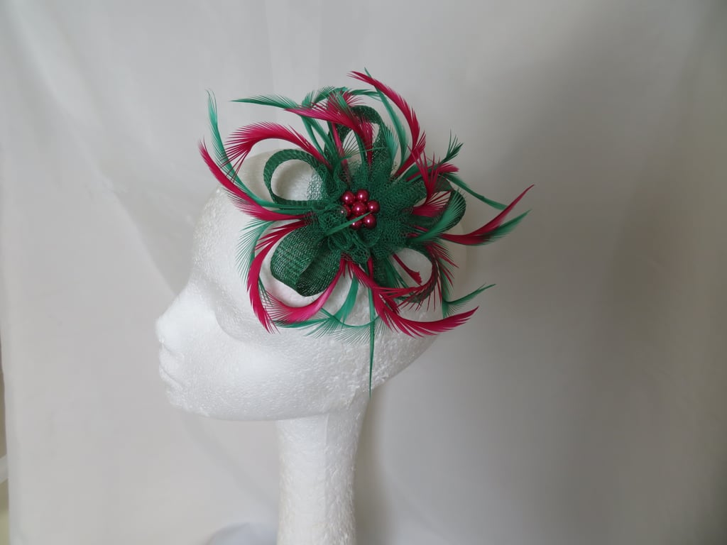 Emerald Green and Raspberry Pink Sinamay Loop Feather Clip Fascinator 