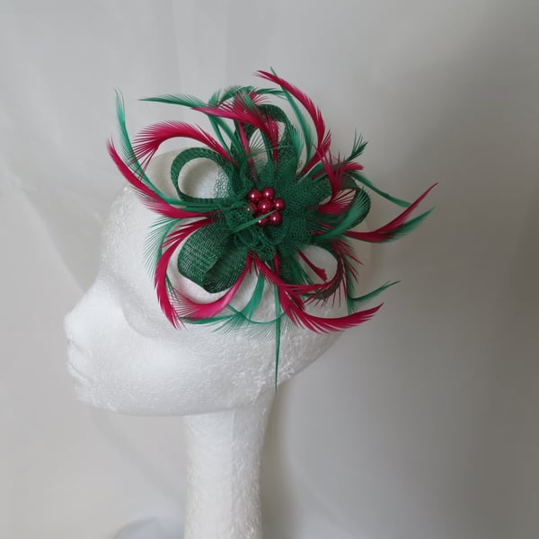 Emerald Green and Raspberry Pink Sinamay Loop Feather Clip Fascinator 