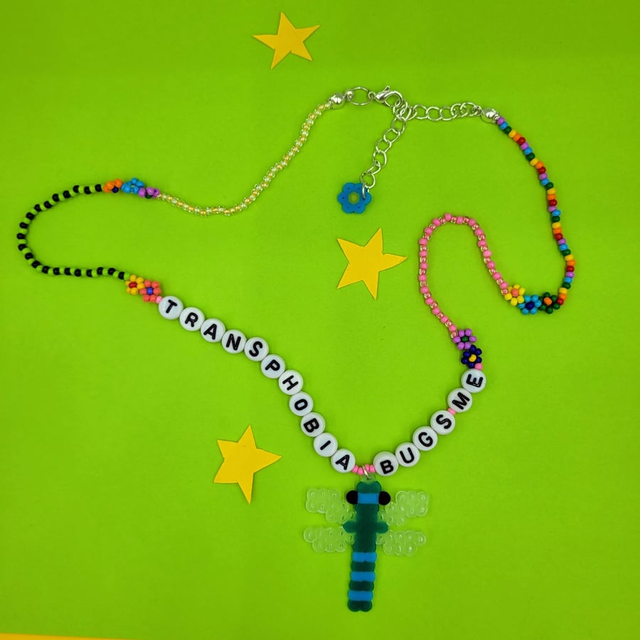 TRANSPHOBIA BUGS ME beaded necklace with dragonfly charm 