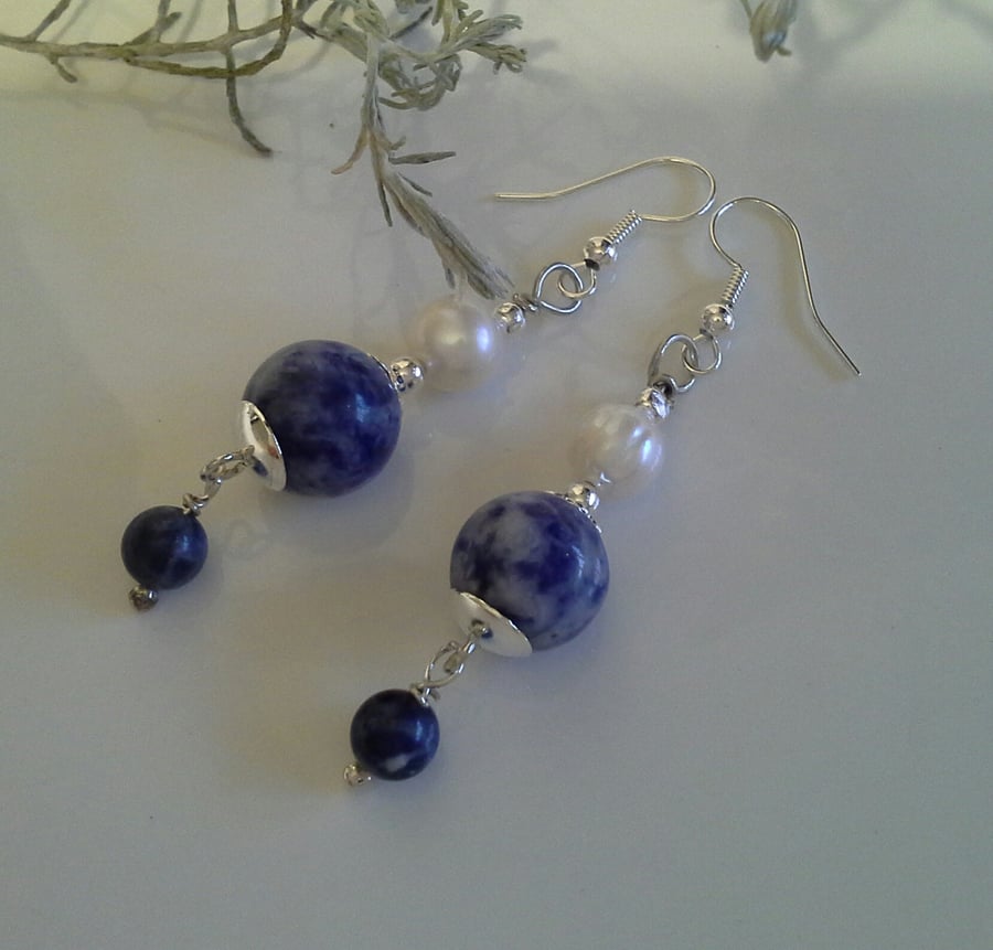 Designer Sodalite, Jasper & Freshwater Pearl Dangle Earrings Silver Plated