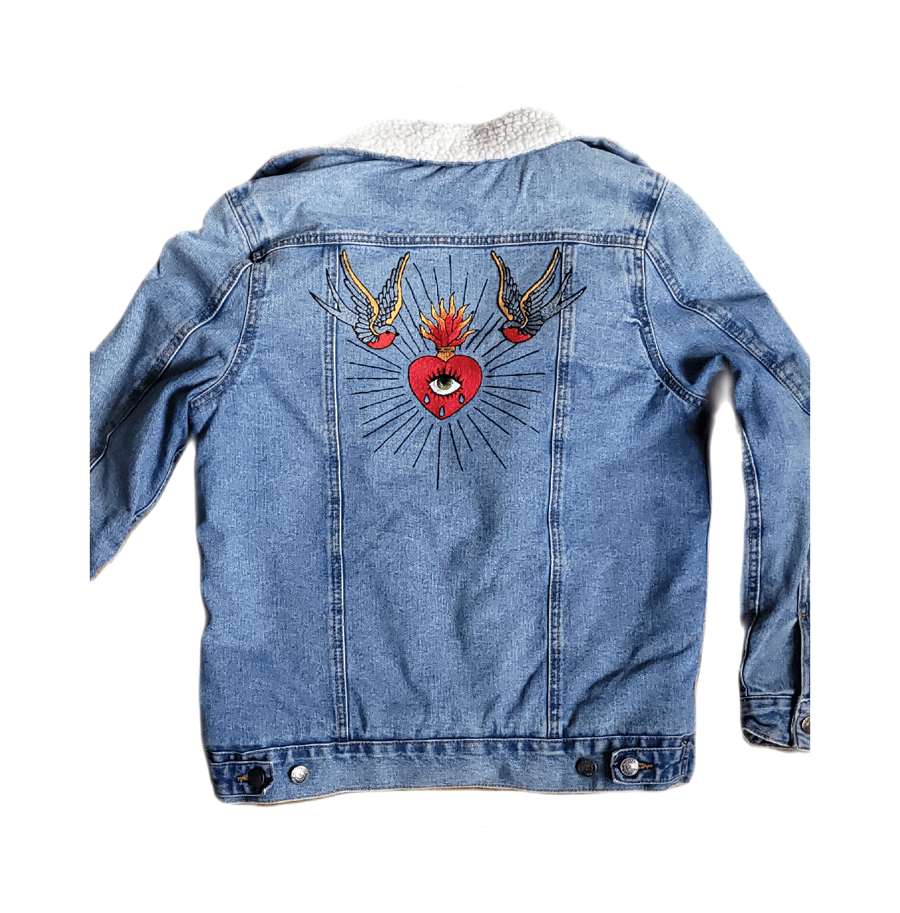 Pre-loved upcycled hand embroidered womens denim jacket, heart & swallow 