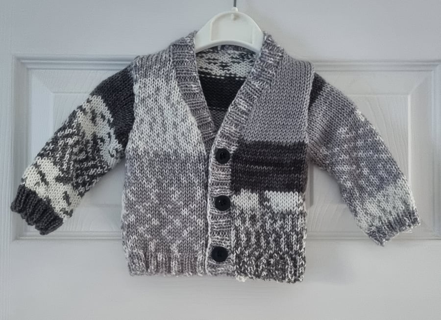 Knitted baby boy cardigan, white, grey, newborn gift, christening gift