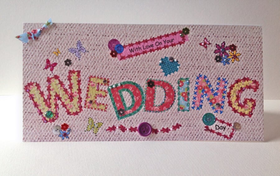 Wedding Greeting Card,Printed Applique Design,Hand Finished Wedding Card