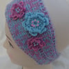 Ear Warmer Head Band in Pinks and Blue with Flowers