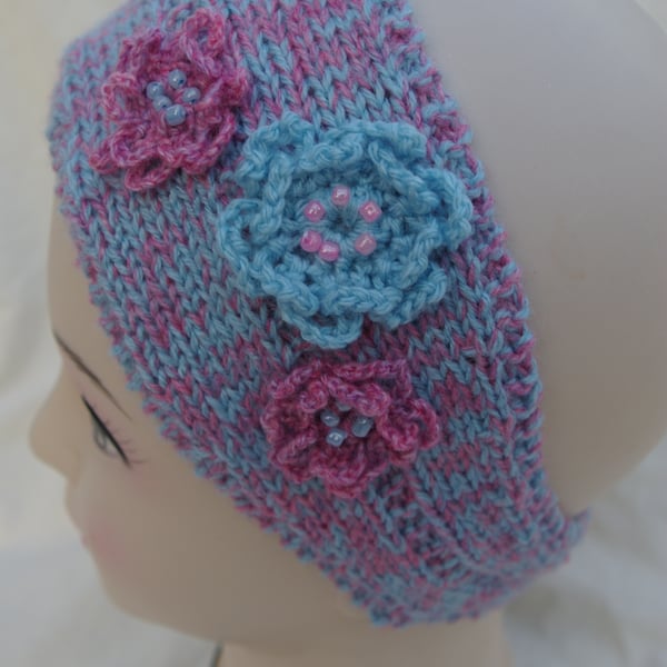 Ear Warmer Head Band in Pinks and Blue with Flowers