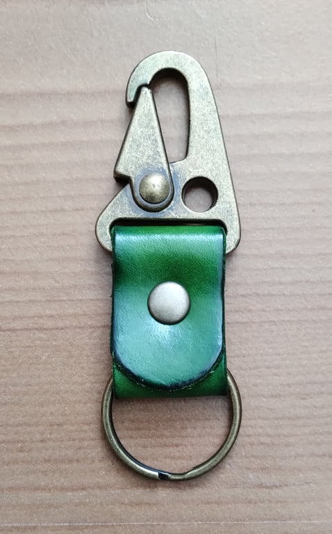 Small Leather Keyring HK Clip Split Ring Antique Brass Riveted