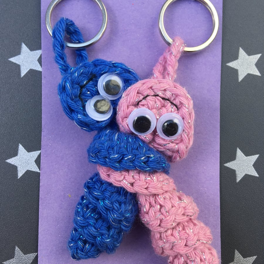 Sparkly Blue And Pink Crochet Friendship Bug Keyrings
