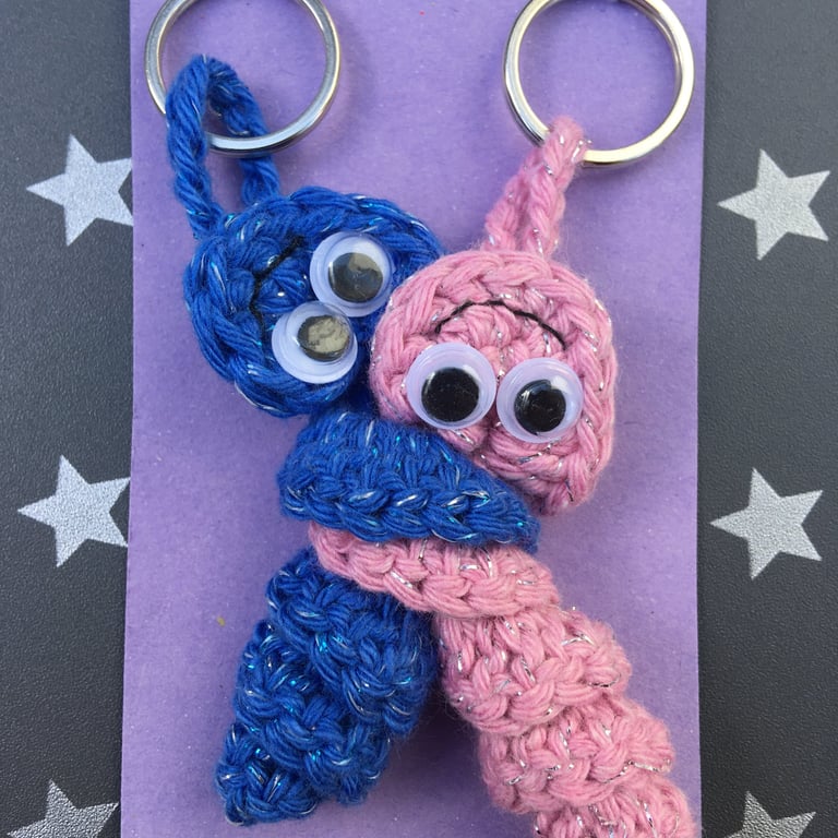 Sparkly Blue And Pink Crochet Friendship Bug Keyrings