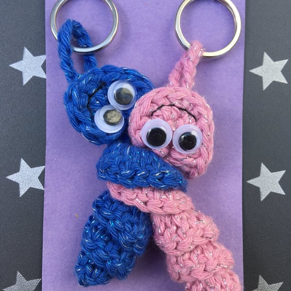 Sparkly Blue And Pink Crochet Friendship Bug Keyrings