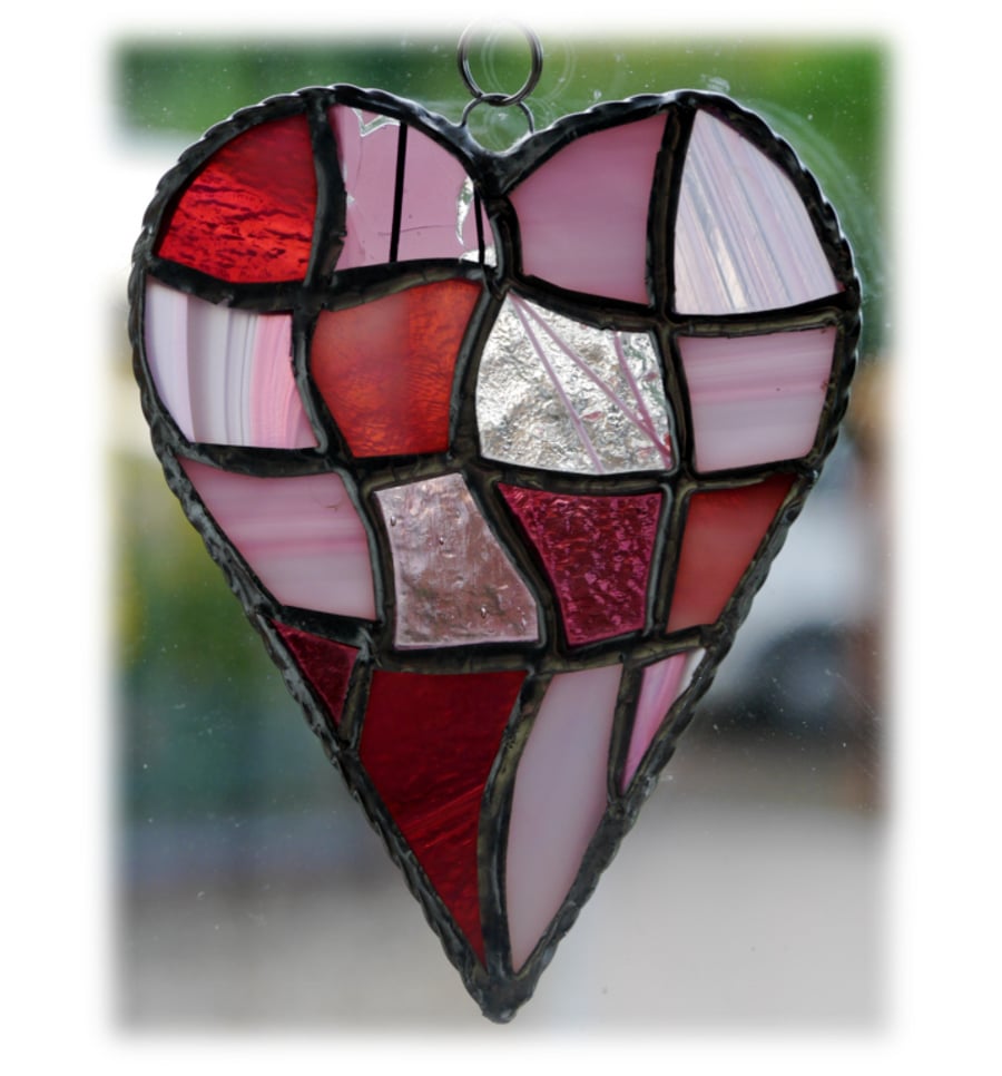 Patchwork Heart Suncatcher Stained Glass Handmade Pink 028