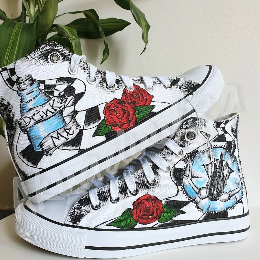 Alice in Wonderland inspired hand painted shoes, Custom painted shoes
