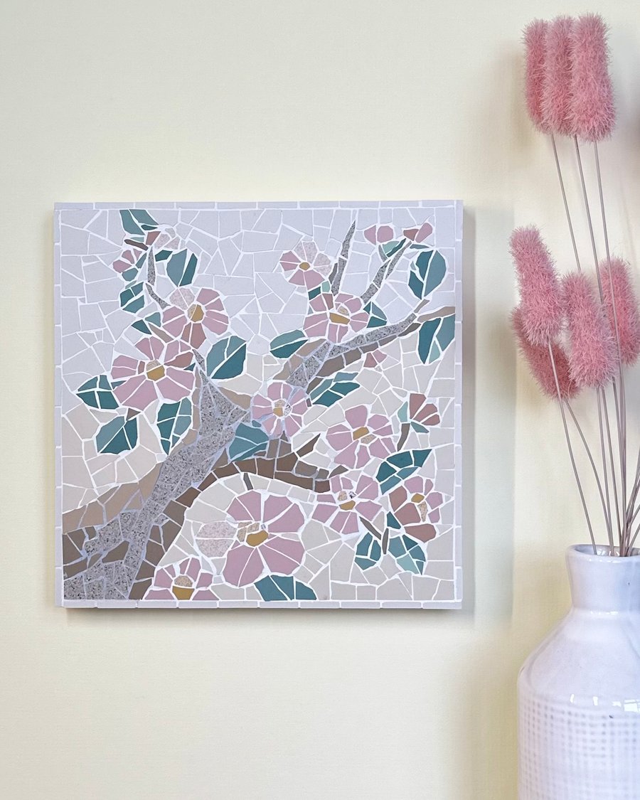 Mosaic Floral Art - Pink Blossom Branch Mosaic Wall Plaque in White