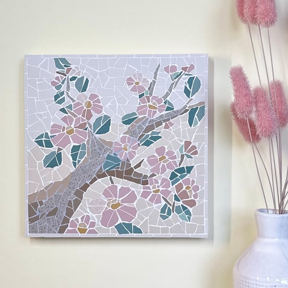 Mosaic Floral Art - Pink Blossom Branch Mosaic Wall Plaque in White