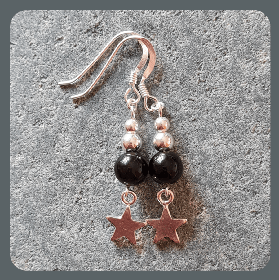 Black Obsidian and Sterling Silver Star Dangly earrings