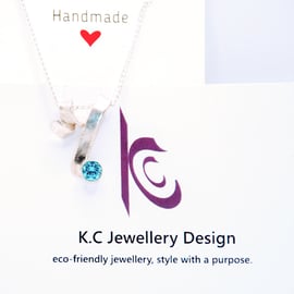 Handmade Eco Silver Twist pendant Aqua Blue Cubic Zirconia 