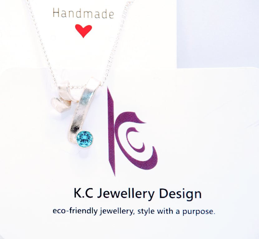 Handmade Eco Silver Twist pendant Aqua Blue Cubic Zirconia 