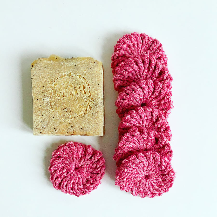 Crochet face scrubbies, pack of seven pink organic cotton pads