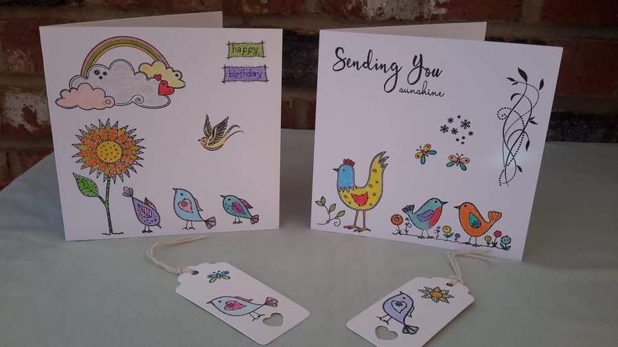 Pack of 2 Birthday Cards & Tags, Birthday, General, Cute,Hand printed & Coloured