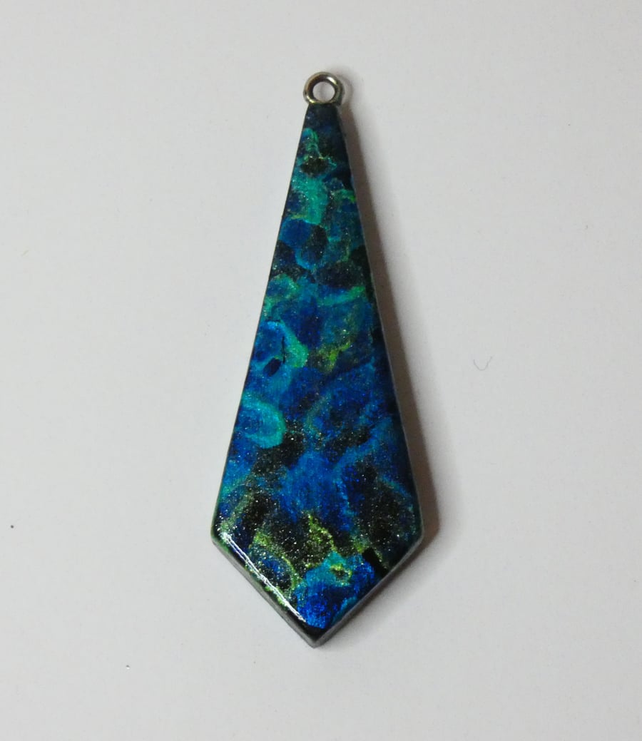 One of a Kind Handmade Wooden Blue, Green and Black Painted Pendant Necklace