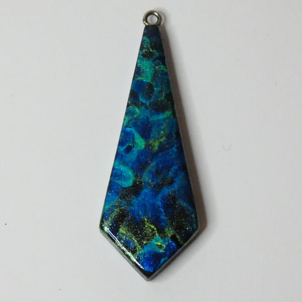 One of a Kind Handmade Wooden Blue, Green and Black Painted Pendant Necklace