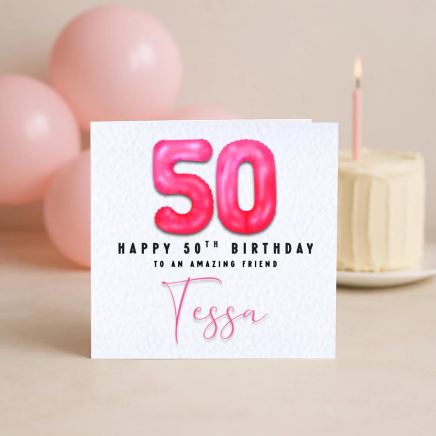 50th Birthday Card – Pink Foil Balloon Number – Milestone Birthday Card
