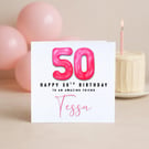 50th Birthday Card – Pink Foil Balloon Number – Milestone Birthday Card