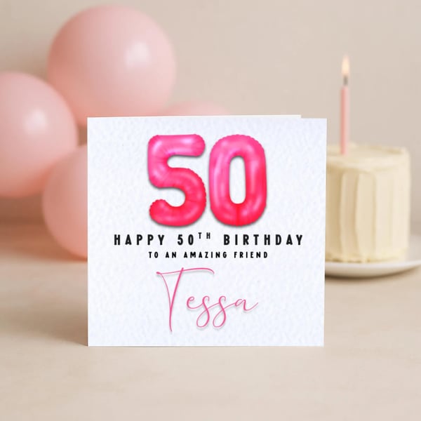 50th Birthday Card – Pink Foil Balloon Number – Milestone Birthday Card