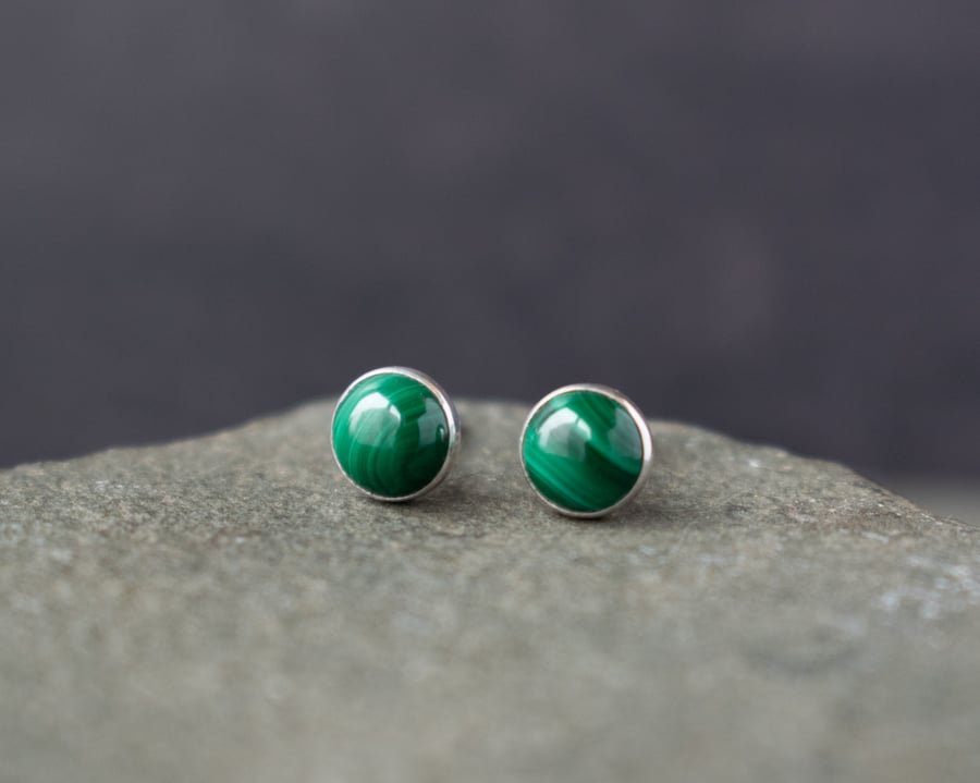 Malachite Earrings - 925 Silver Gemstone Studs, Stud Earrings