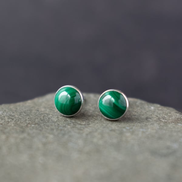 Malachite Earrings - 925 Silver Gemstone Studs, Stud Earrings