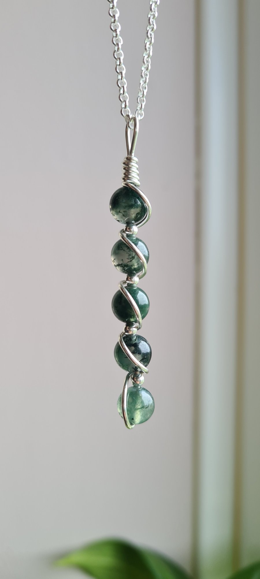 Handmade Natural Moss Agate & 925 Silver Drop Pendant Necklace with Chain Gift