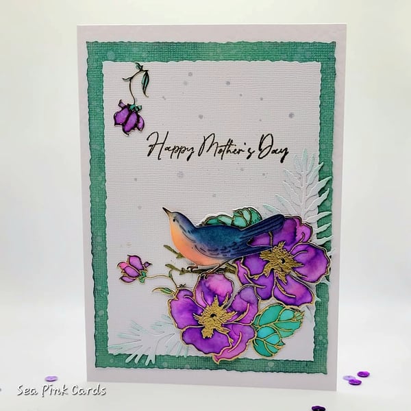 Mother's Day Card - anemone bird - cards watercoloured 3D textured hand-painted 