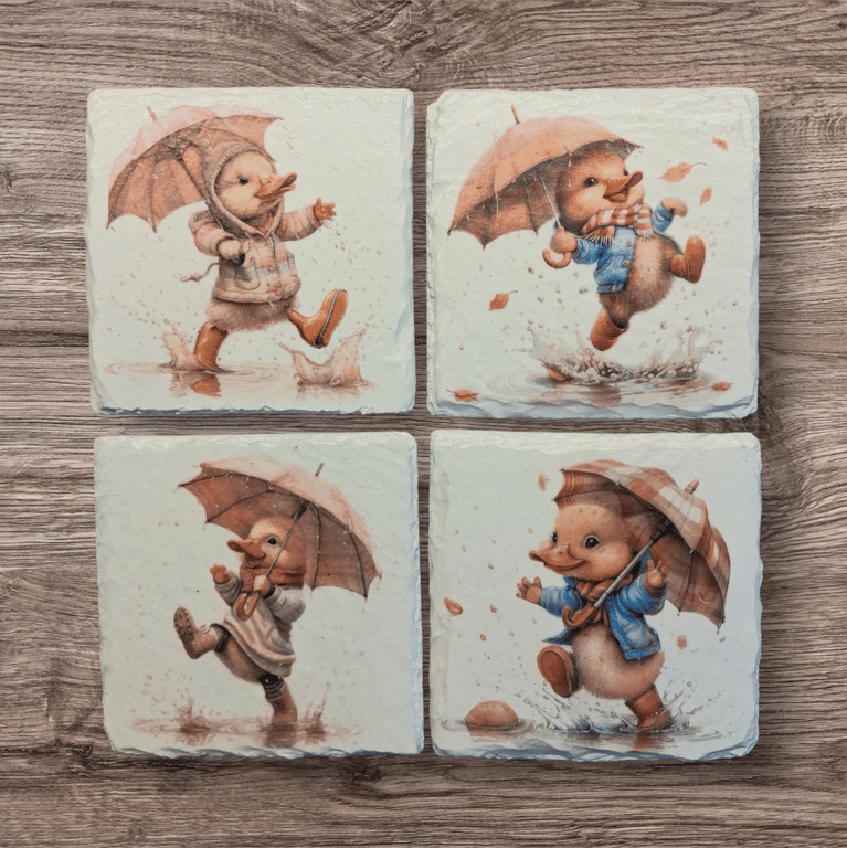 Ducklings with Umbrellas Decoupaged Slate Coasters Set of 4