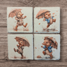 Ducklings with Umbrellas Decoupaged Slate Coasters Set of 4