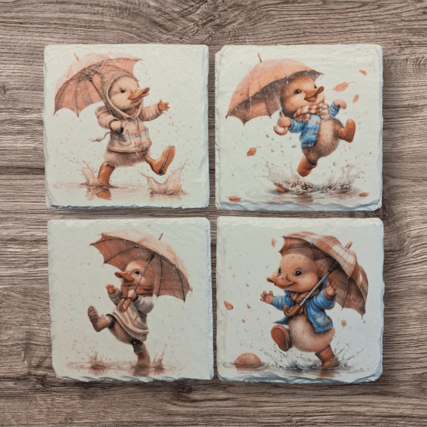 Ducklings with Umbrellas Decoupaged Slate Coasters Set of 4