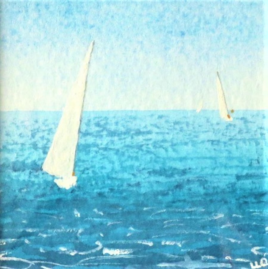 Original minature watercolour painting yachts sailing on the ocean
