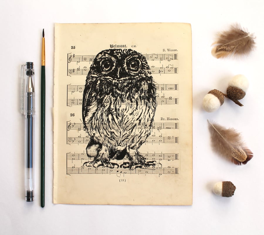 Little Owl Gocco Print on Vintage Sheet Music, Bird Print